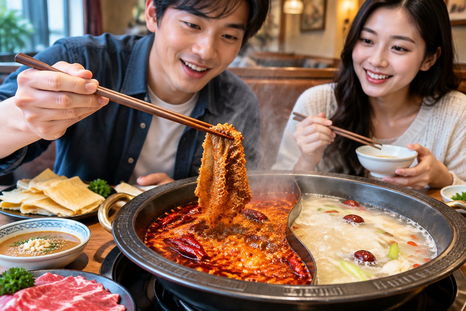 Counter-Intuitive Dining: Why Do Chinese People Love Hot Pot in the Dead of Summer? 23 Chopsticks lifting a piece of tripe from a divided hot pot of bubbling red chili oil and mild broth, with sesame dipping sauce and raw ingredients on the table