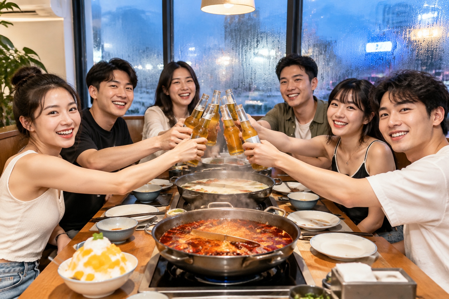 Counter-Intuitive Dining: Why Do Chinese People Love Hot Pot in the Dead of Summer? 24 A group of friends raising cold beers over two bubbling hot pots in an air-conditioned restaurant, windows fogged up on a summer night
