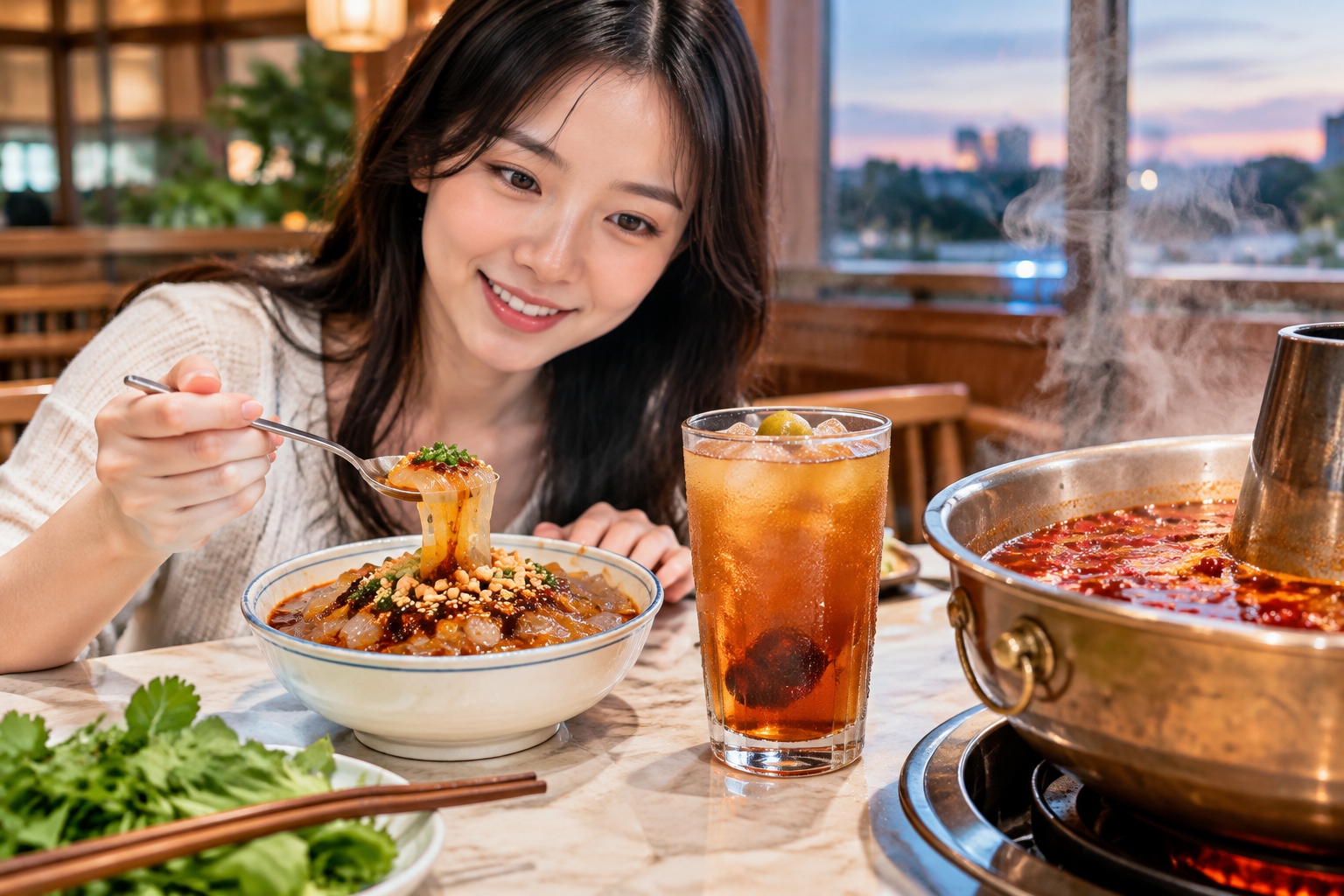 Counter-Intuitive Dining: Why Do Chinese People Love Hot Pot in the Dead of Summer? 25 A bowl of cold jelly dessert and a glass of iced sour plum juice served beside a still-boiling spicy hot pot on a restaurant table