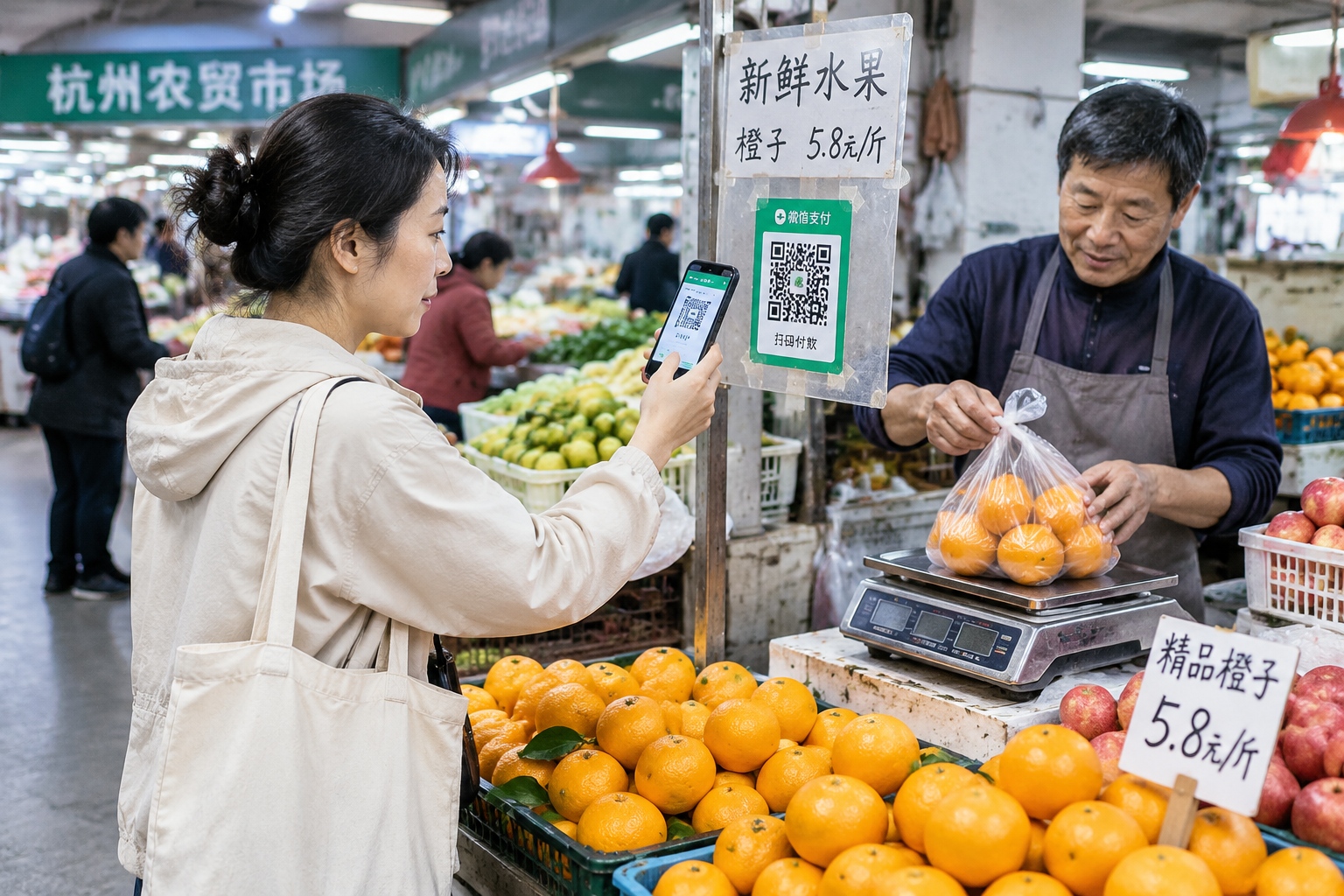 A customer scanning a merchant's QR code with her smartphone at a fruit stall inside a wet market in Hangzhou, China