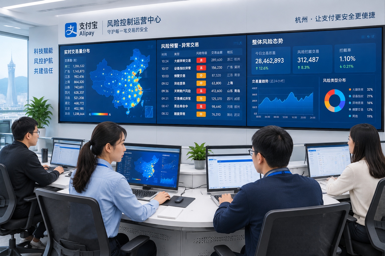 Risk-control engineers monitoring live transaction dashboards in the operations center of a Chinese payment company