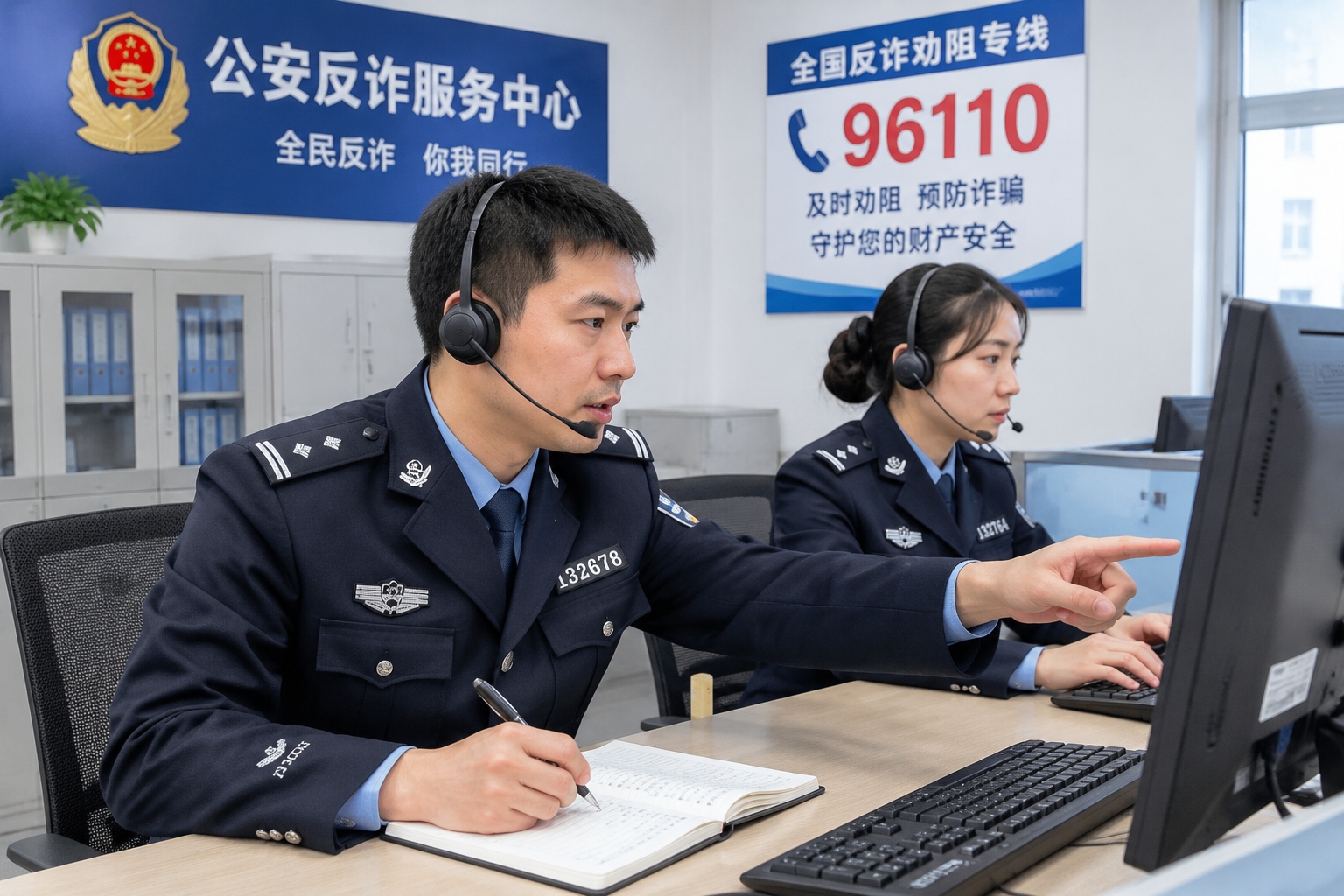 Police officers answering calls at a Chinese anti-fraud center that handles the national 96110 hotline
