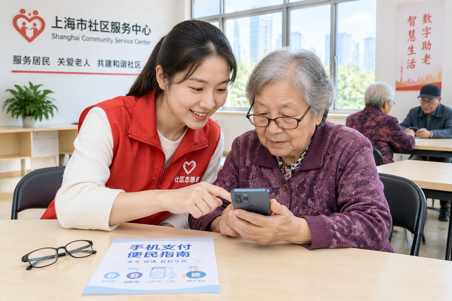 A young volunteer teaching an elderly woman to use mobile payment on her smartphone at a Shanghai community service center