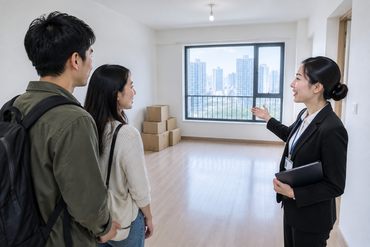 Young renters touring a small one-bedroom apartment with a rental agent in Shanghai, city high-rise towers visible through the window