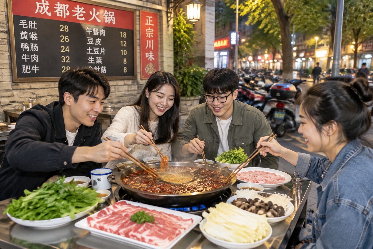 Friends sharing an outdoor hotpot dinner on a Chengdu street with a dish price board visible behind them