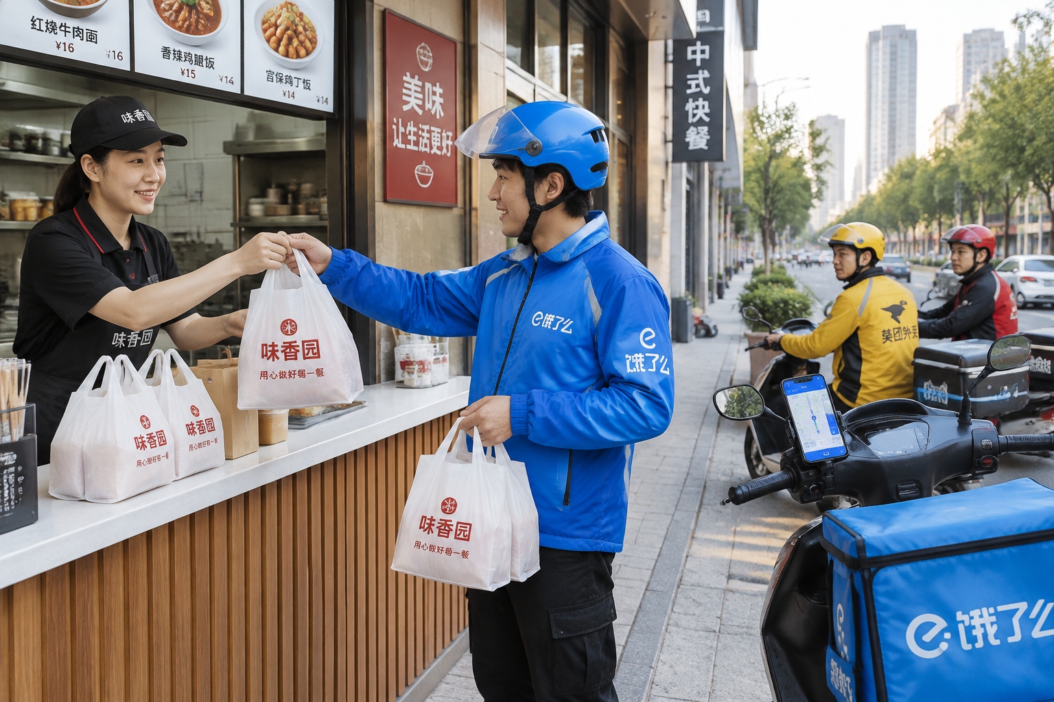 A food delivery rider collecting takeaway orders at a restaurant counter in a Chinese city while other riders wait outside
