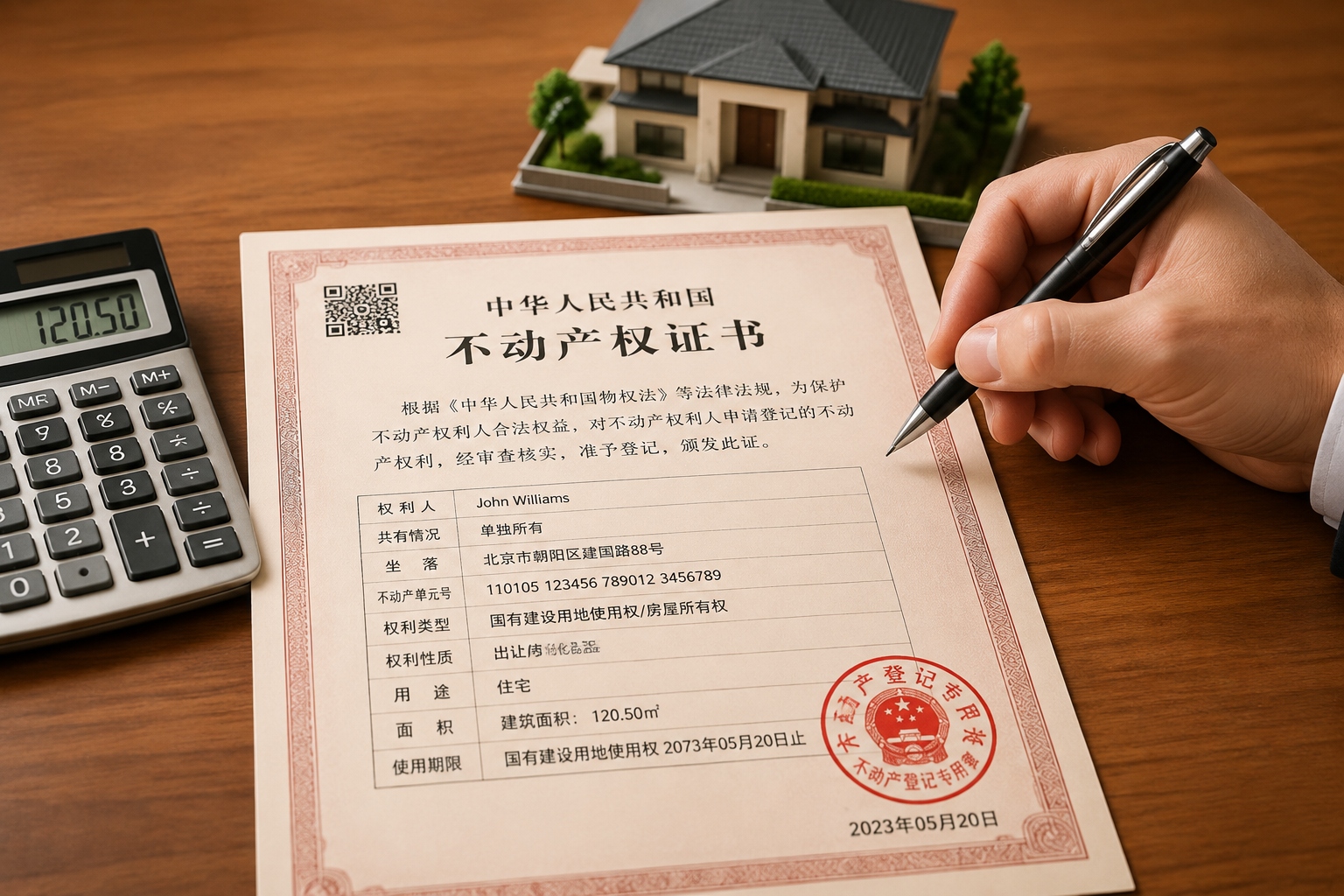 Can Foreigners Buy a House in China? The Actual Rules Explained. 24 Close-up of a Chinese property ownership certificate with red seal, pen, and calculator on a desk.