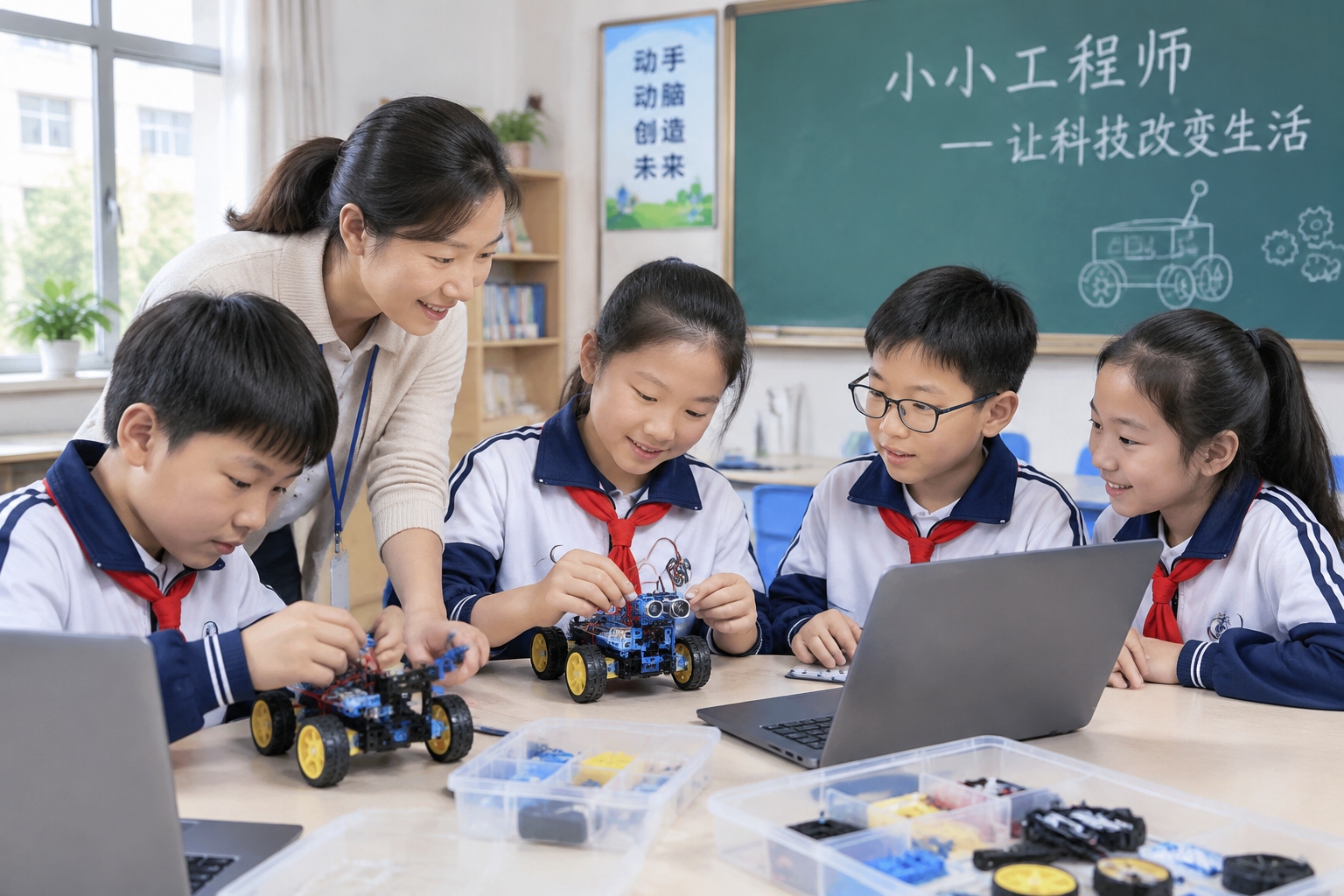 Chinese primary school students build small robots during an after-school robotics club in a public school classroom.