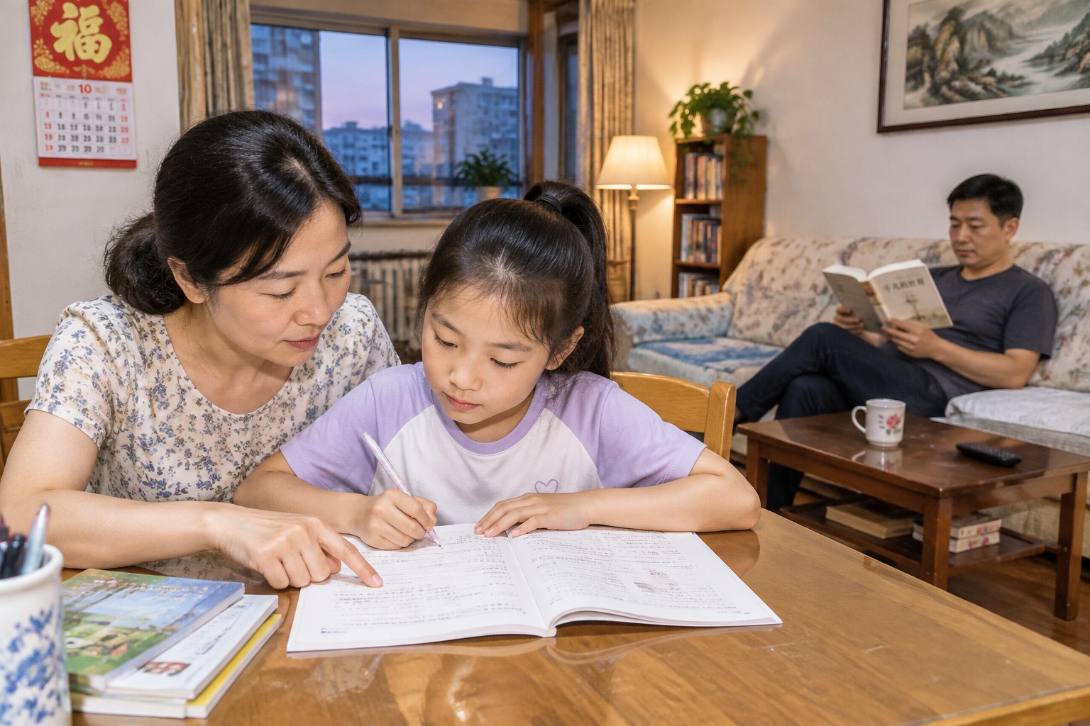 A mother and her 10-year-old daughter review homework together at a dining table in their Chinese apartment.