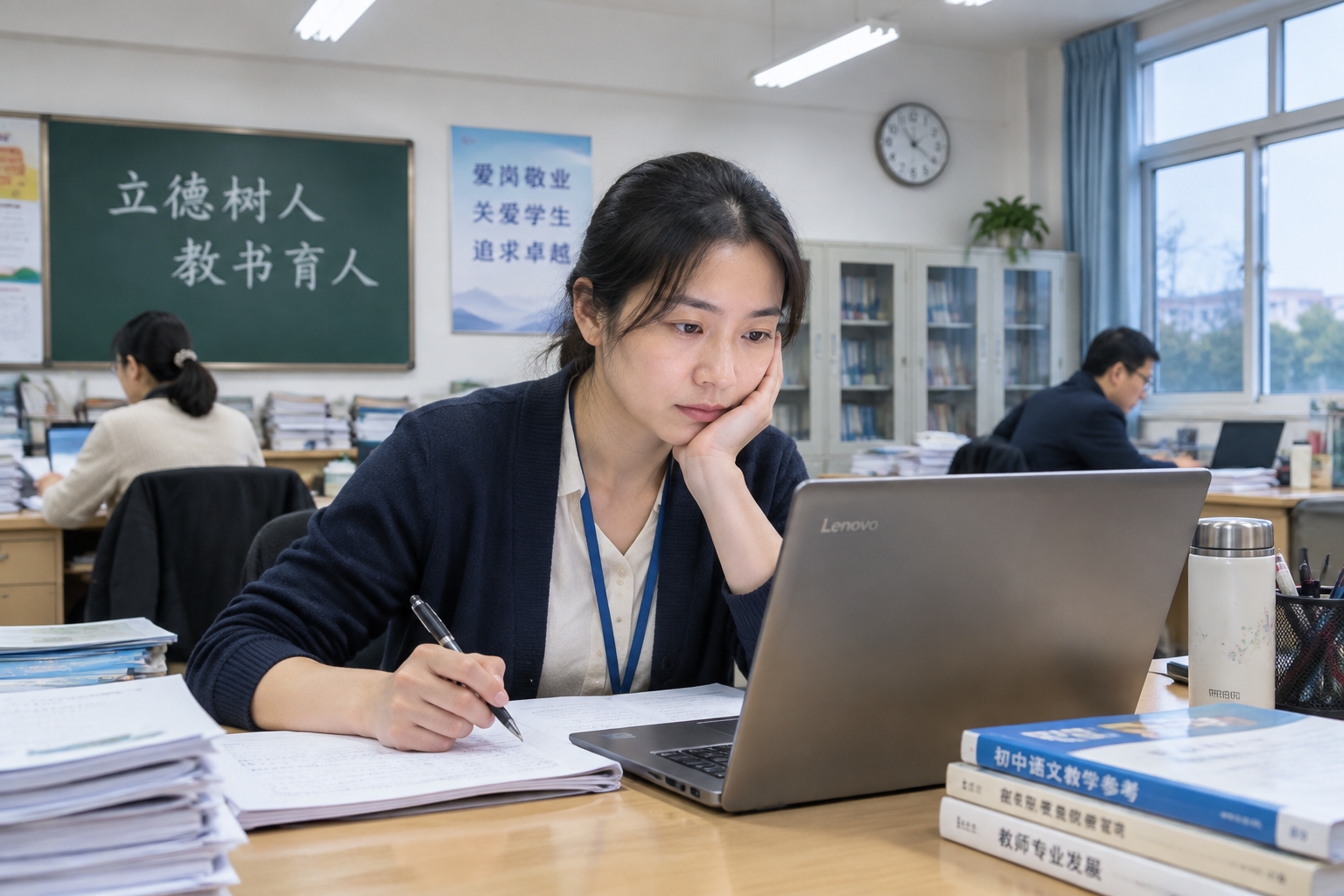 A Chinese middle school teacher prepares lessons in a staff room after school hours.