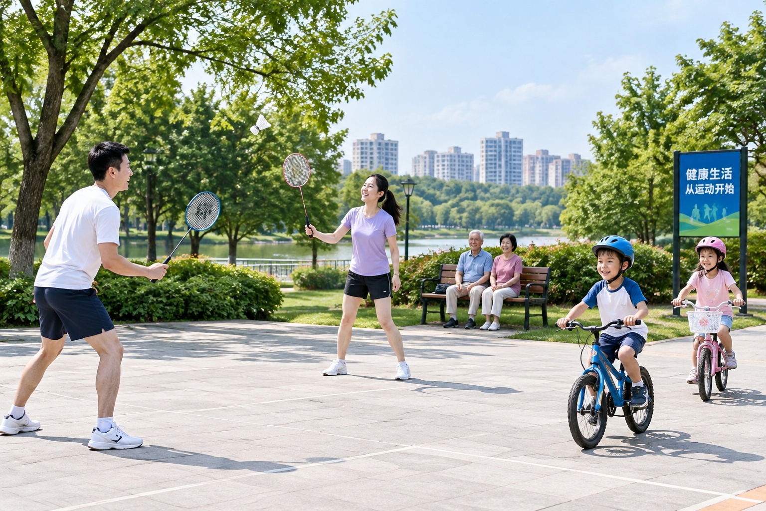 Families play badminton and ride bicycles in a public park in a Chinese city on a weekend.
