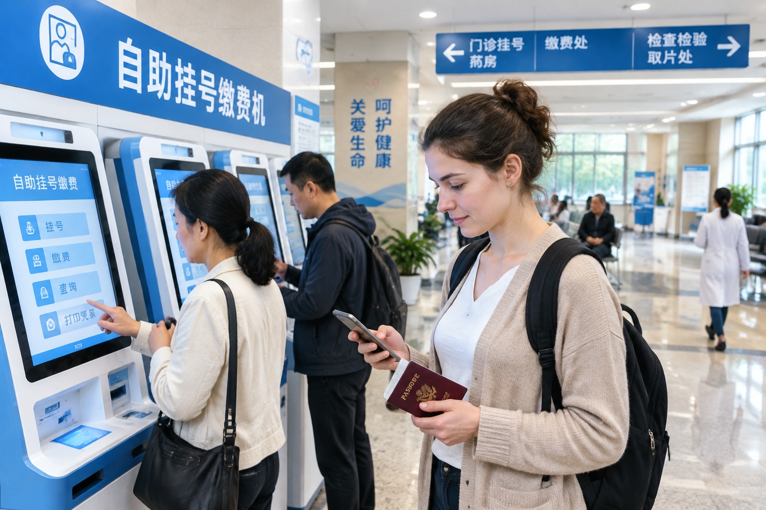 A foreign patient holding a passport at a self-service registration kiosk in a busy Chinese public hospital outpatient hall.