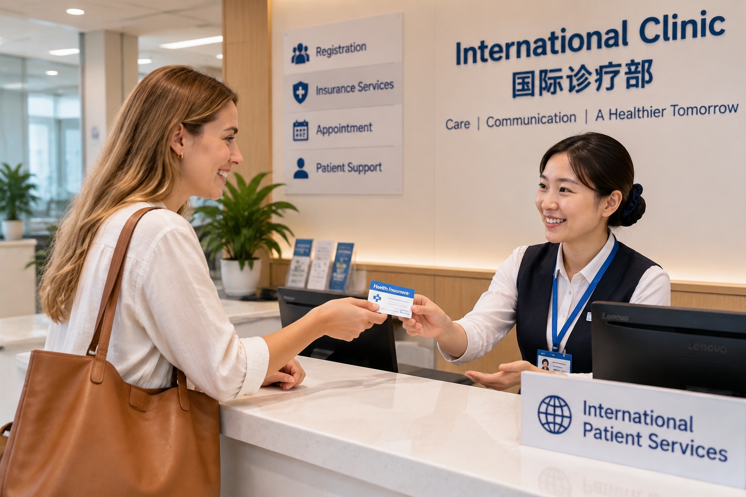 A foreign patient presenting an insurance card at the reception desk of an international clinic in China.