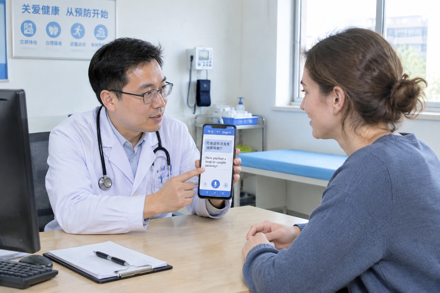 A doctor in a smaller Chinese city hospital using a translation app to communicate with a foreign patient.