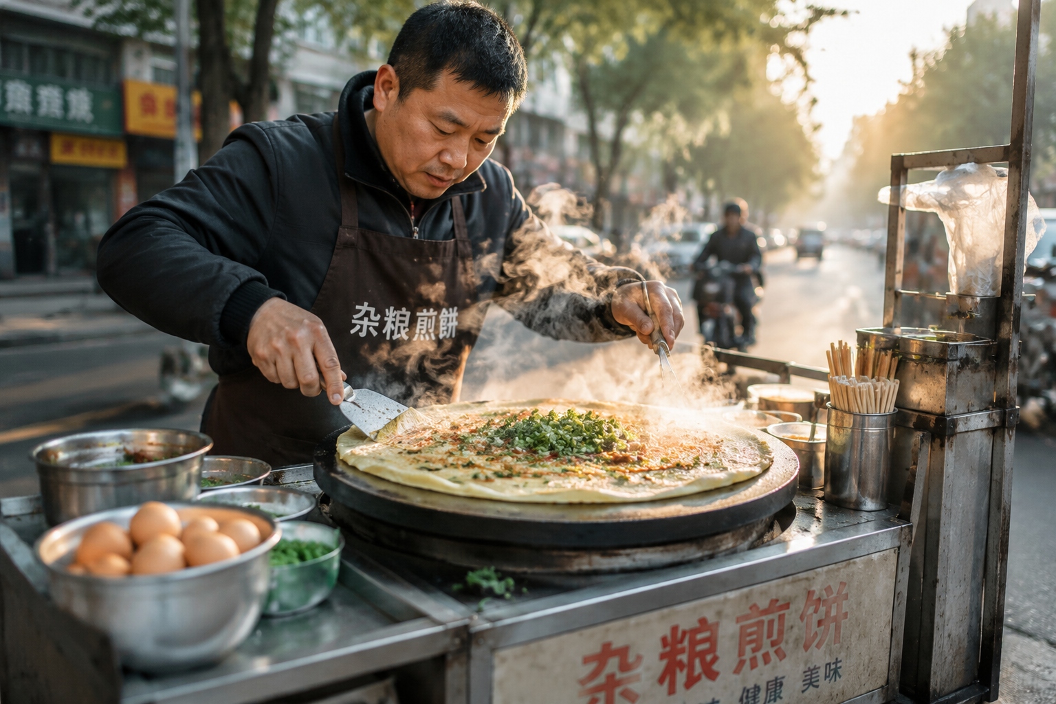A Chinese street food vendor preparing a savory jianbing crepe for customers early in the morning with visible steam rising from the cooking station