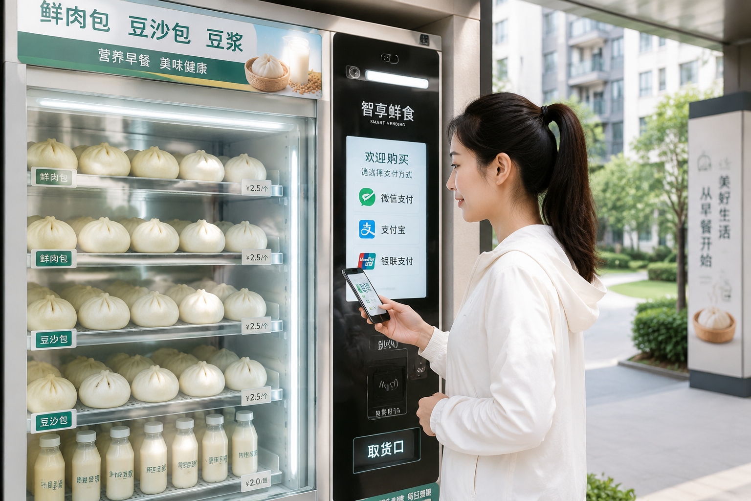 A row of high-tech smart vending machines inside a Chinese apartment complex selling freshly prepared breakfast items like steamed buns and hot drinks