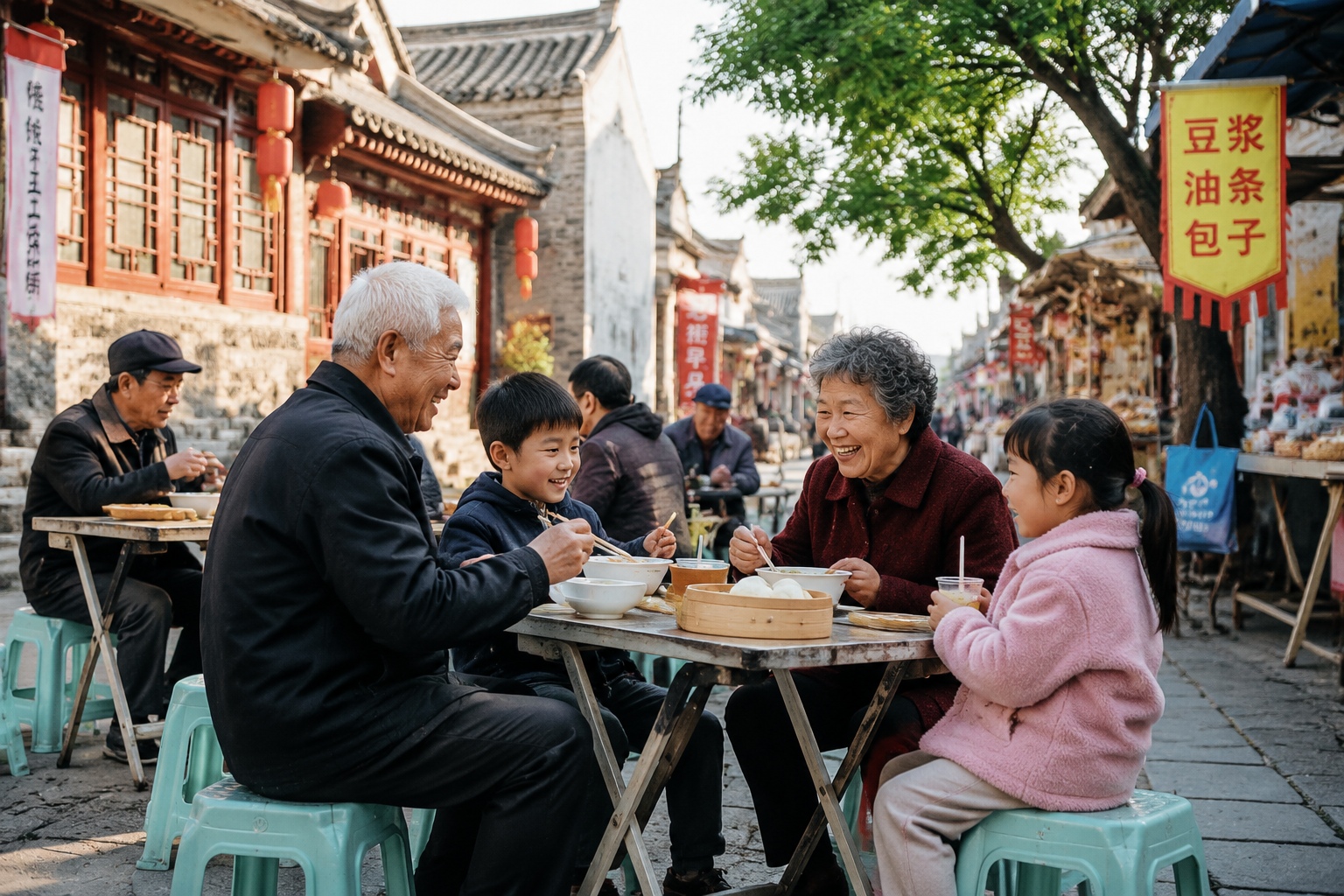 Local residents enjoying a communal breakfast at a traditional morning street market in China, highlighting the social aspect of food culture