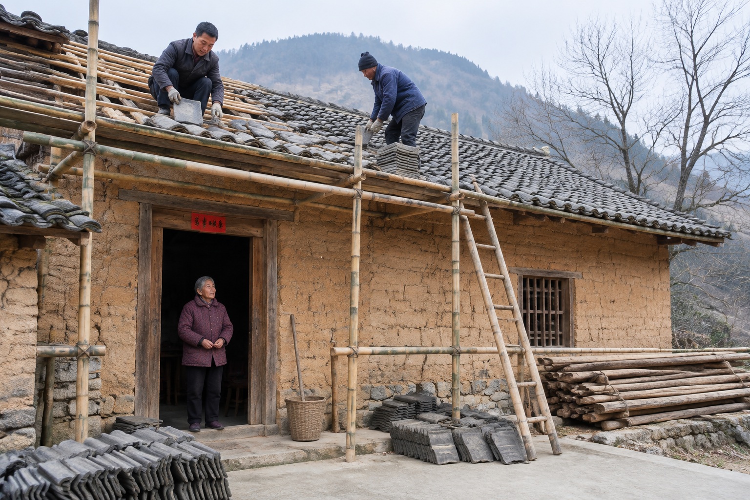 Workers replacing clay roof tiles on a rammed-earth farmhouse in a mountain village in Songyang, Zhejiang, while an elderly villager watches from her doorway