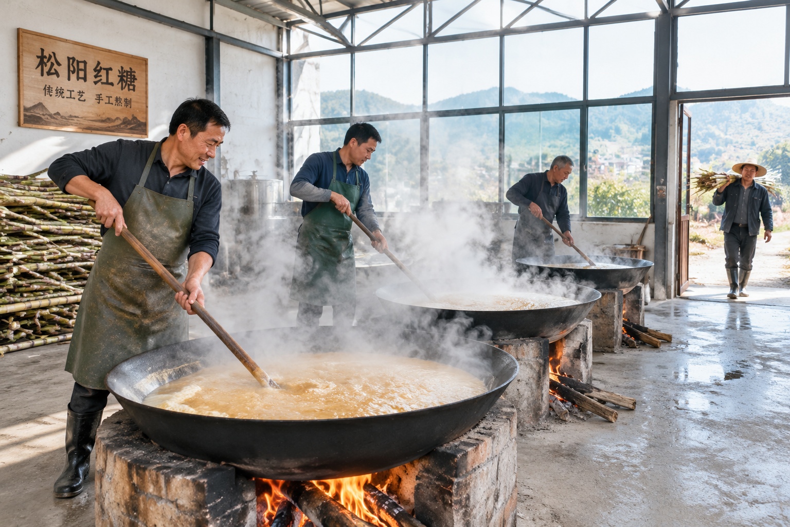Men boiling sugarcane juice in iron woks over a wood fire inside a renovated village sugar workshop in Songyang, Zhejiang