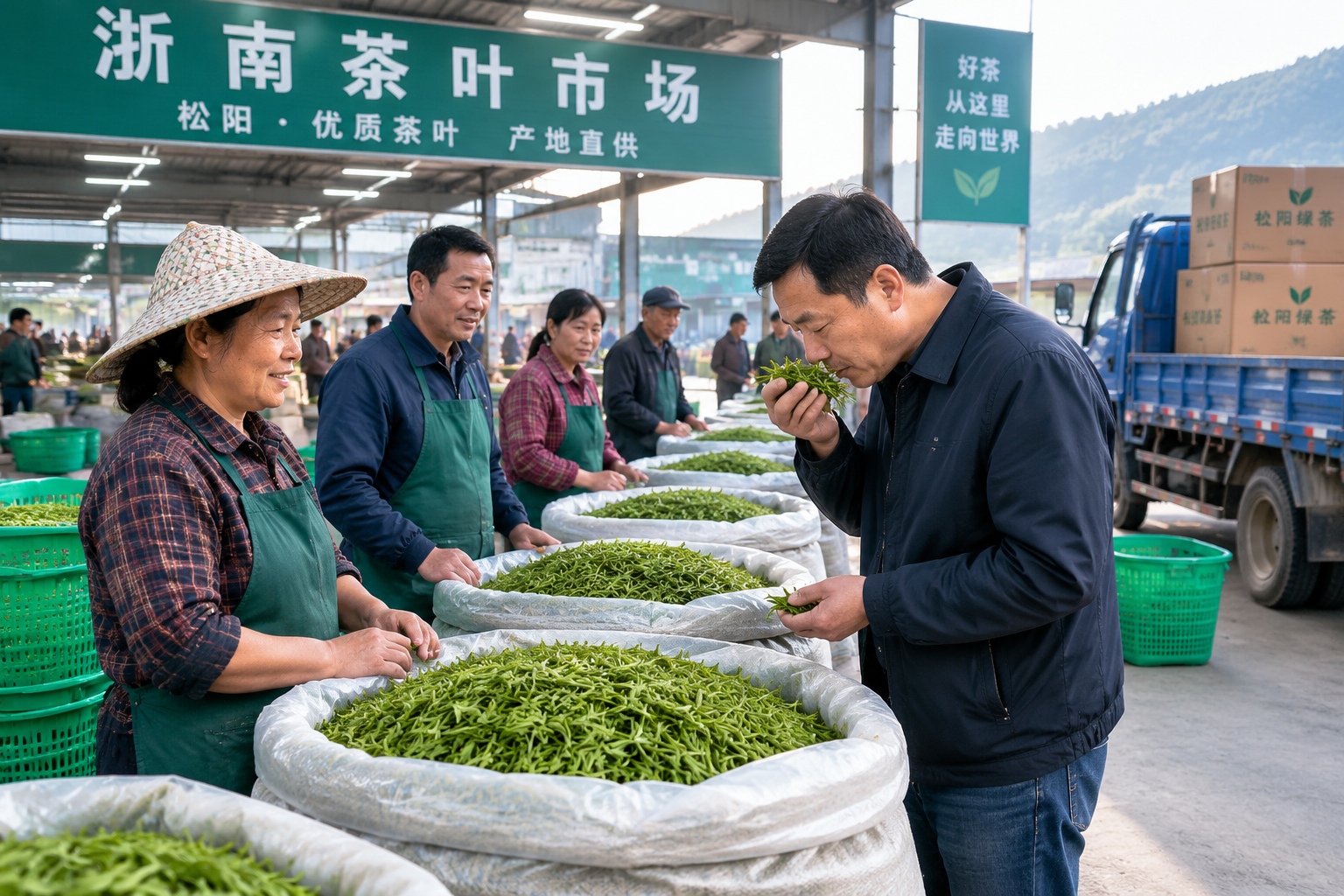 Farmers and buyers inspecting sacks of fresh green tea leaves at dawn in the Southern Zhejiang Tea Market near Songyang