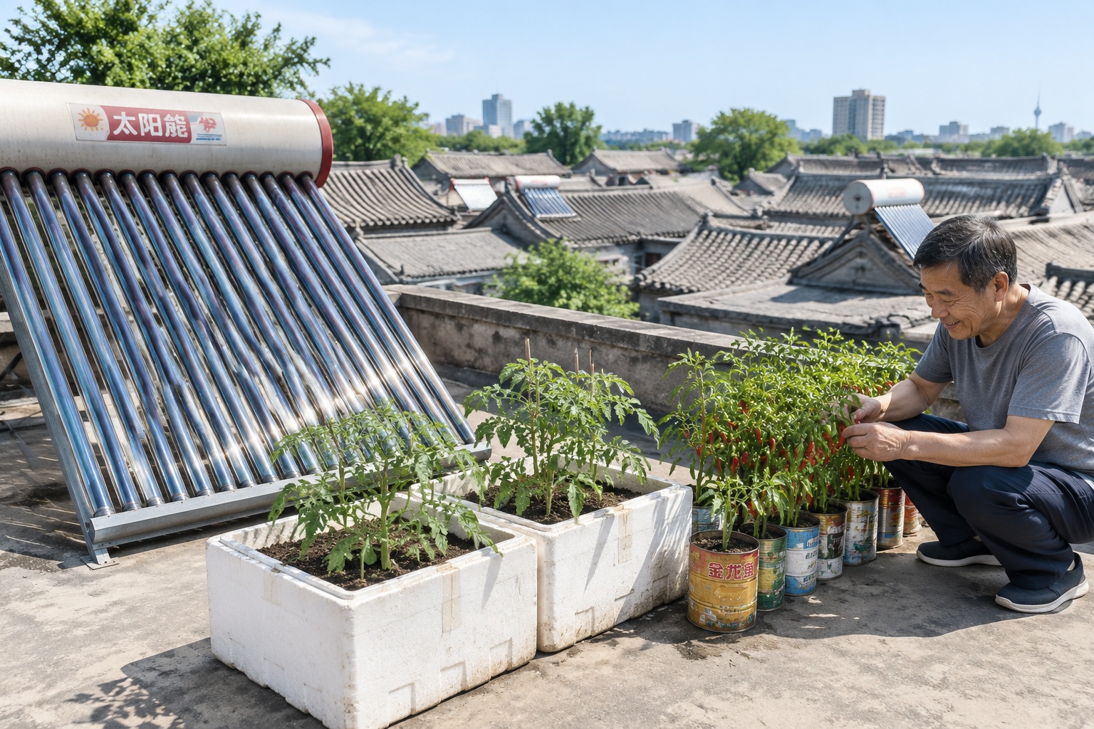 Solar water heater vacuum tubes and vegetable planter boxes side by side on the flat rooftop of a Beijing courtyard home, with gray tiled hutong roofs in the background