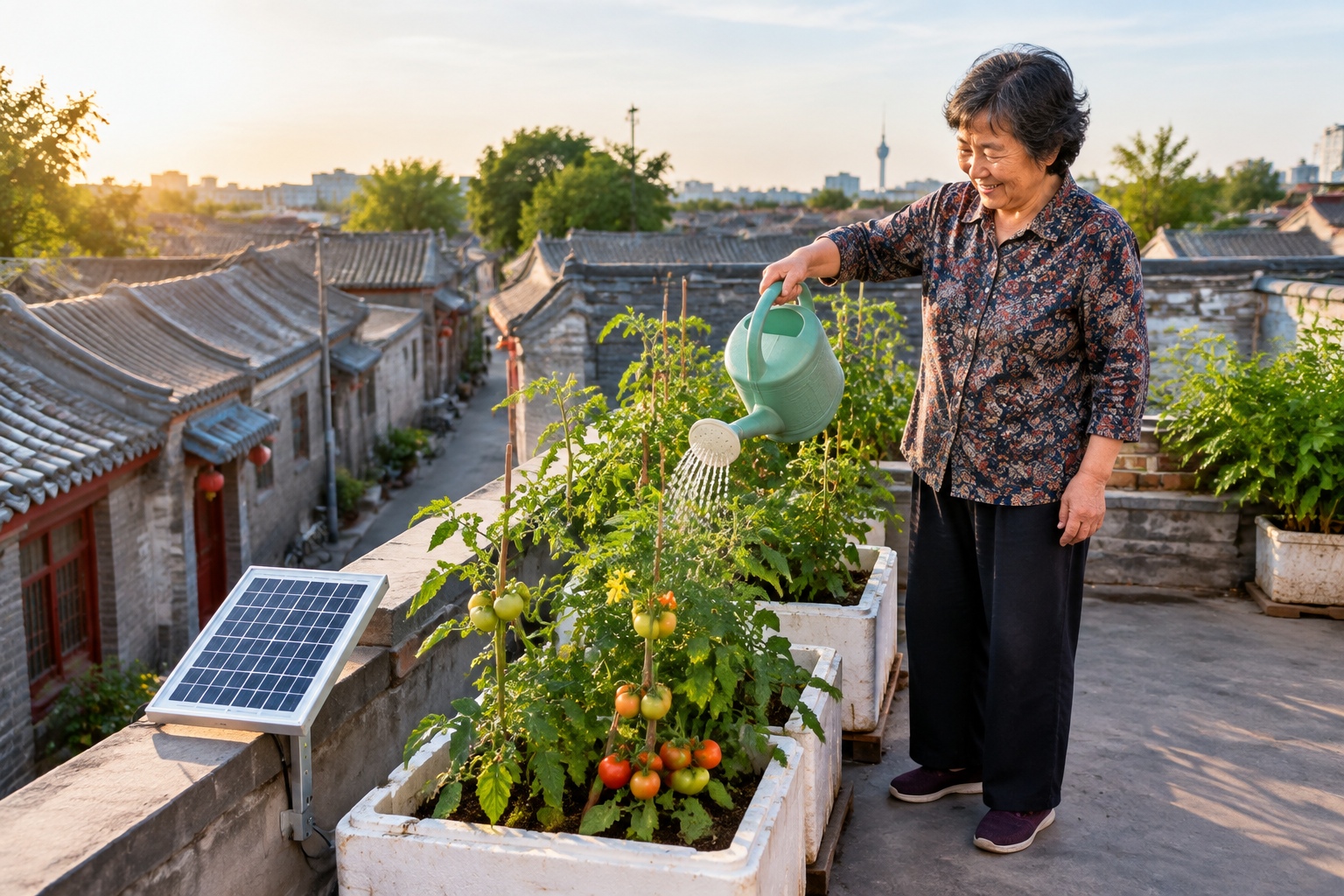 An older resident watering tomato plants in foam boxes on a small rooftop terrace above a Beijing hutong, with a solar panel mounted nearby