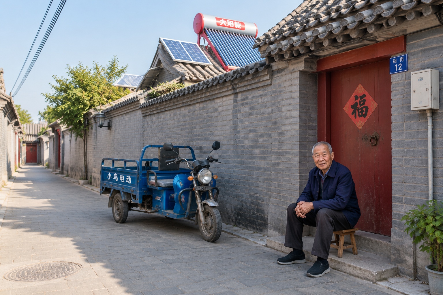 A narrow Beijing hutong lane in the afternoon with solar panels and water heaters on the rooftops above gray brick courtyard walls