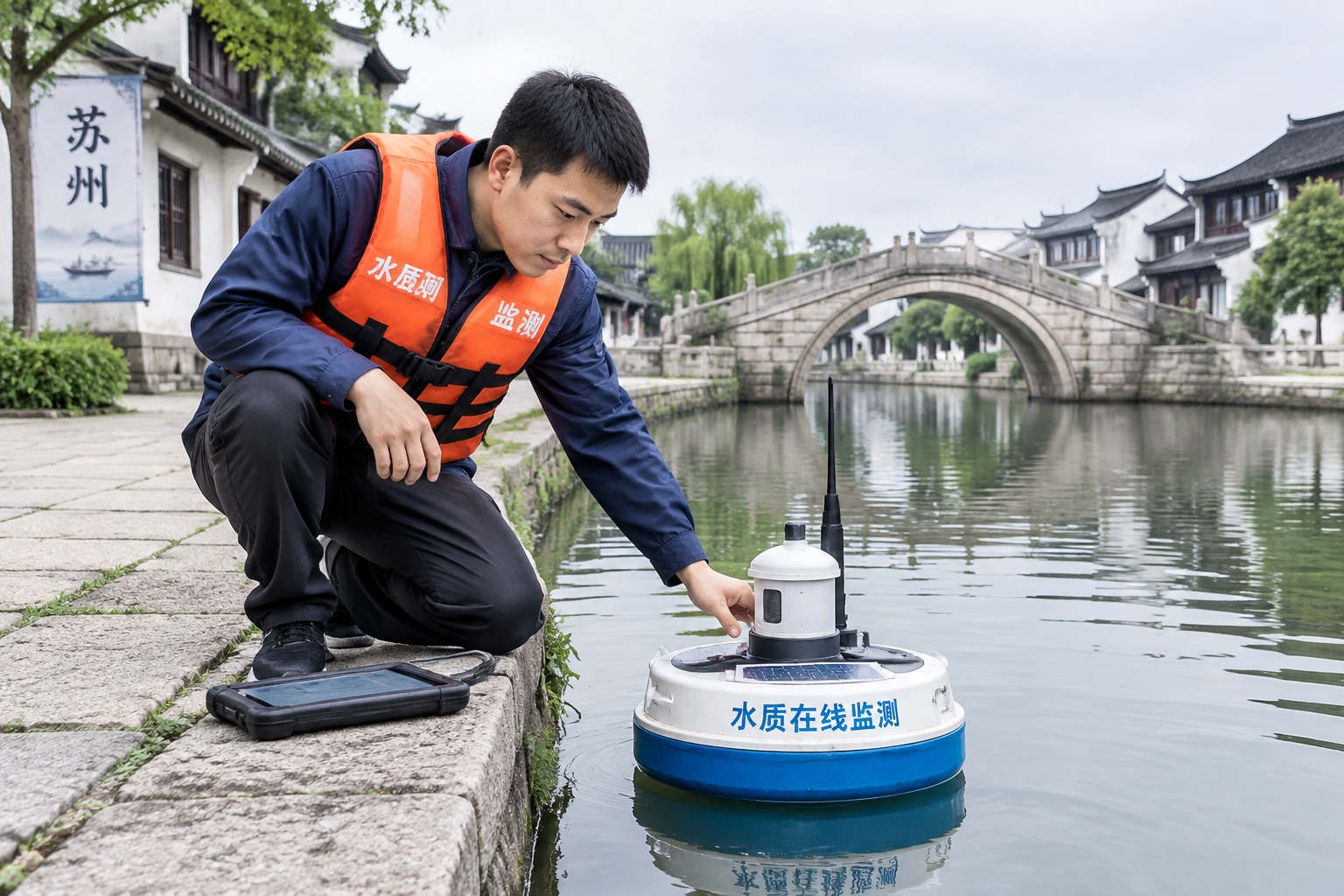 Clean Rivers in Megacities: How Suzhou Cleaned Its Ancient Waterways 24 A water quality technician checking an IoT monitoring sensor floating in a Suzhou canal