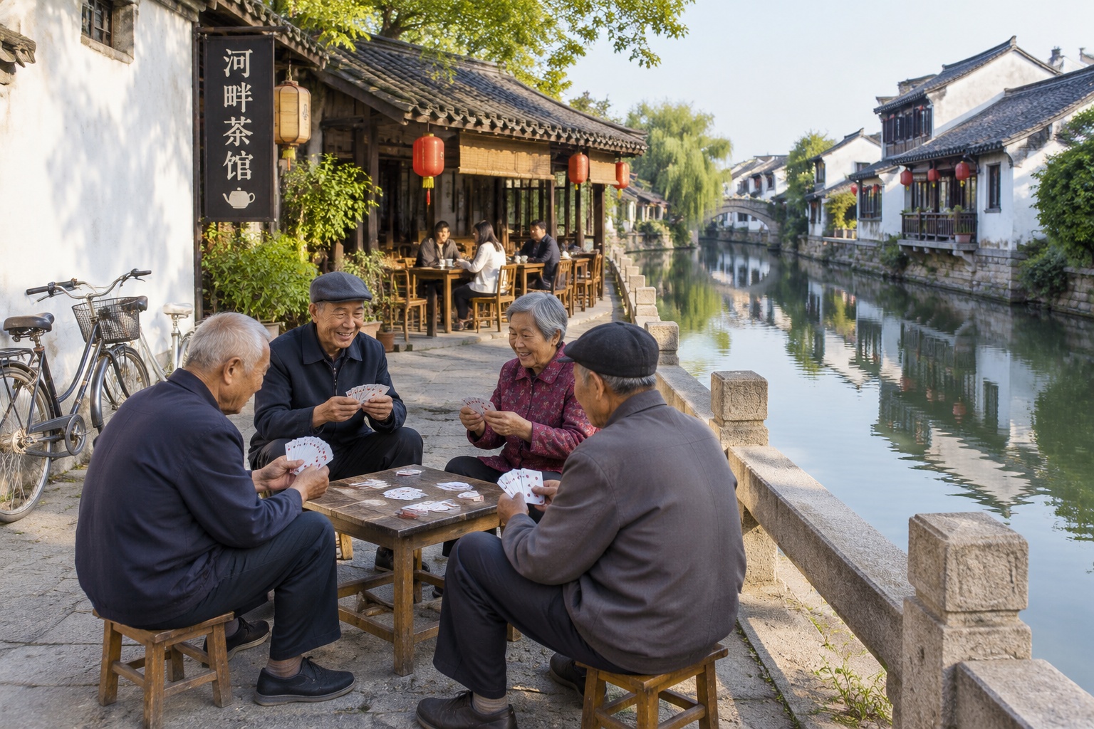 Clean Rivers in Megacities: How Suzhou Cleaned Its Ancient Waterways 25 Residents playing cards and drinking tea beside a clear canal in Suzhou's old town in the late afternoon