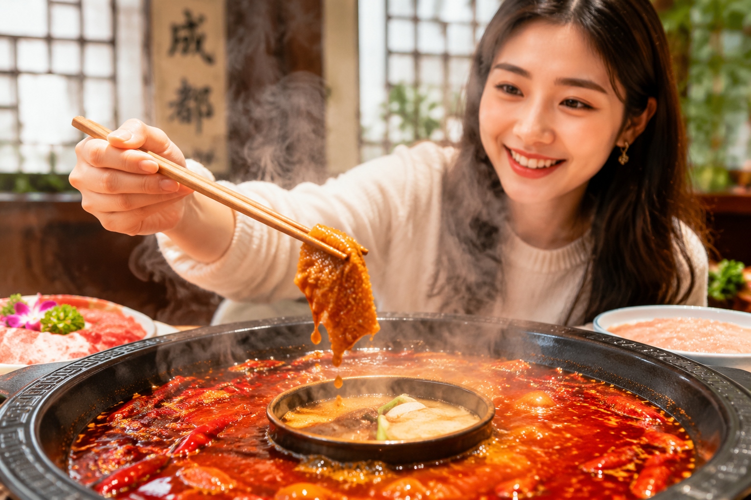 A close-up view of a steaming bowl of spicy Sichuan hotpot with red oil and chili peppers on a restaurant table in Chengdu.