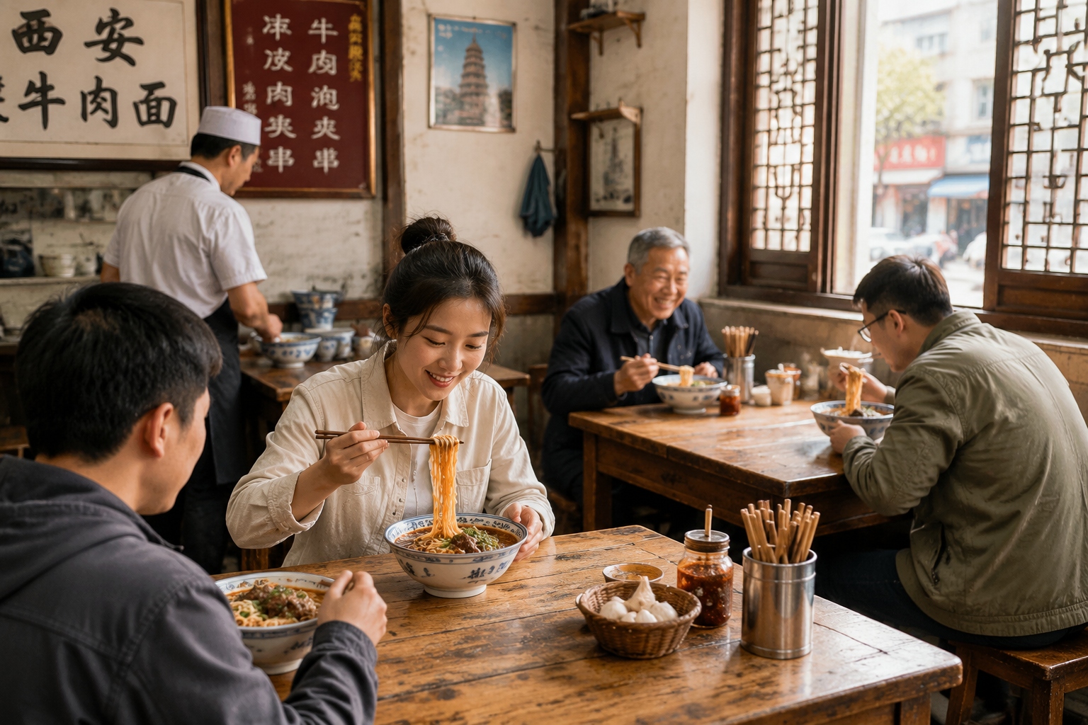 Bowl of hand-pulled beef noodles with garlic oil served in a traditional restaurant in Xi'an, Shaanxi province.