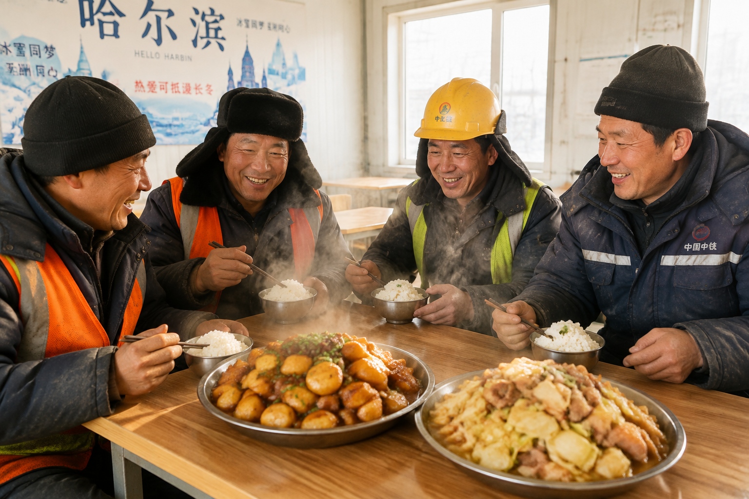 Massive portions of hearty stewed dishes served to workers in a restaurant in cold-weather Harbin.