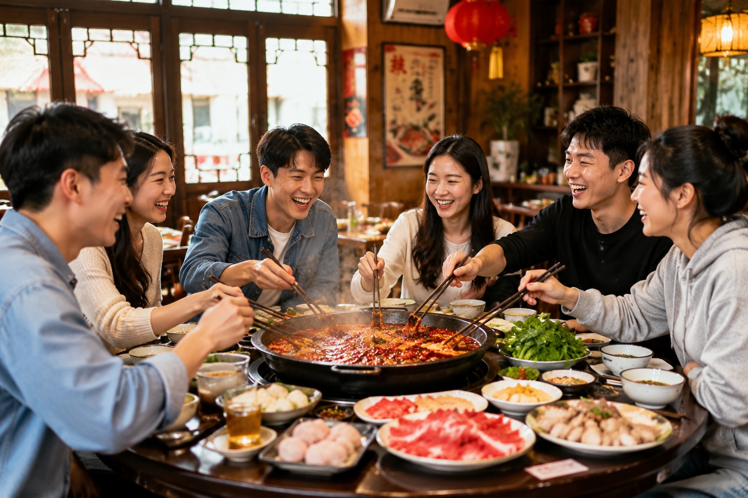 Friends enjoying a communal Sichuan hotpot meal with numbing spicy broth in a busy restaurant.