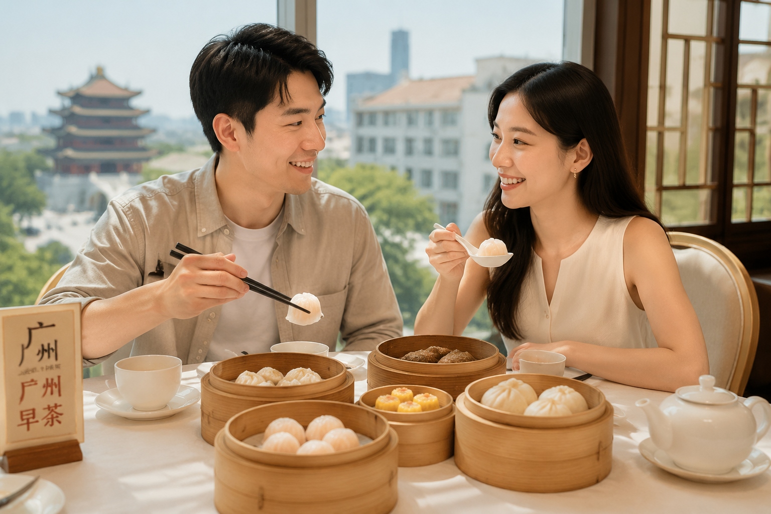 Traditional Cantonese dim sum dishes served in bamboo steamers at a restaurant in Guangzhou.