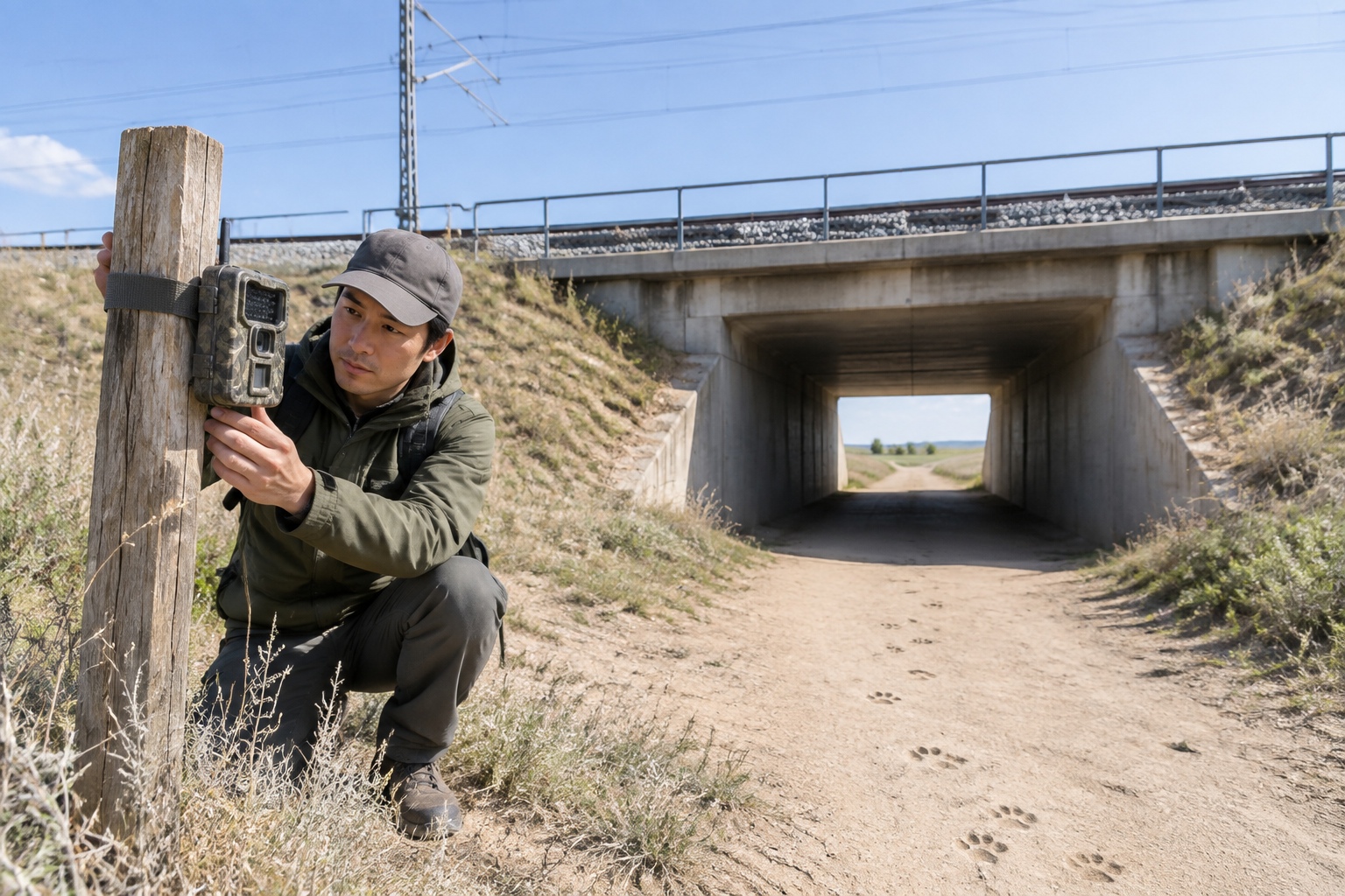 A shallow earthen ramp leading into an open underpass beneath a modern railway bridge in dry grassland, with a camera trap post beside the passage