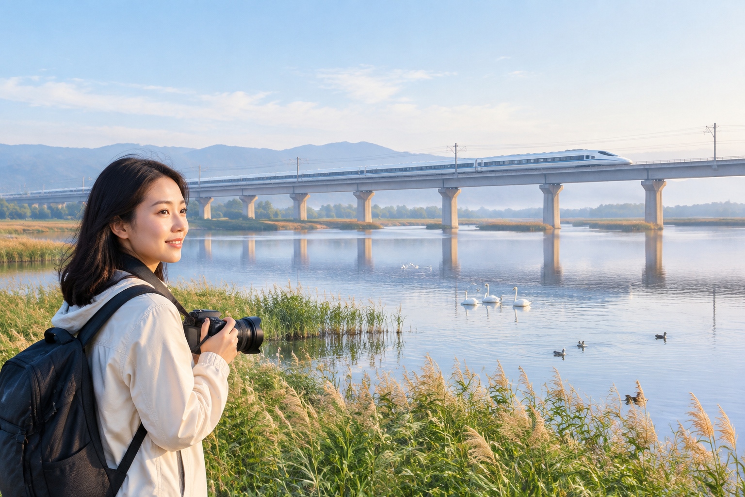 A long concrete high-speed railway viaduct crossing a calm reservoir wetland with reeds and waterbirds in the foreground