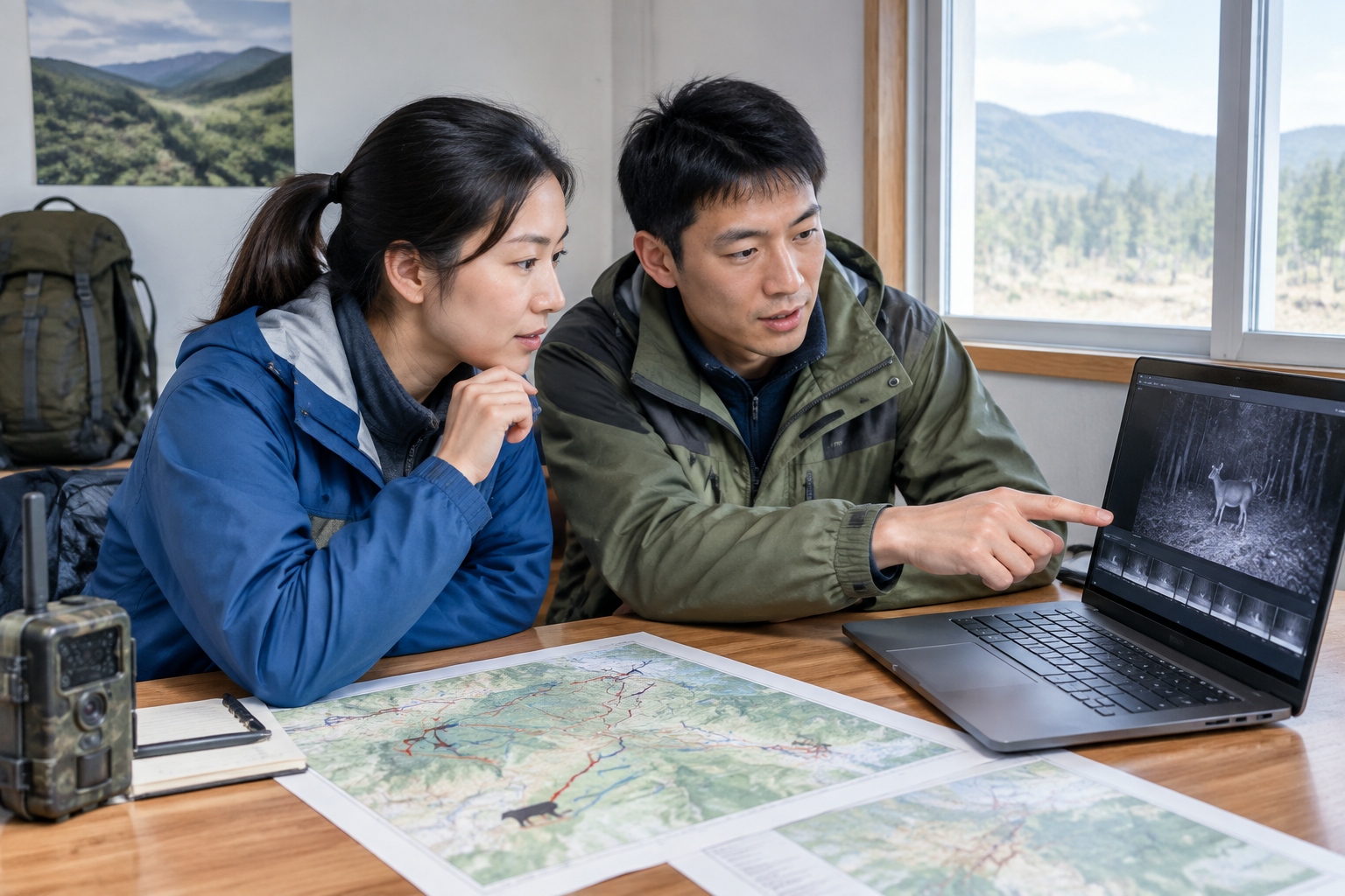 Two field researchers reviewing infrared camera trap footage on a laptop in a small field station, with migration route maps on the table