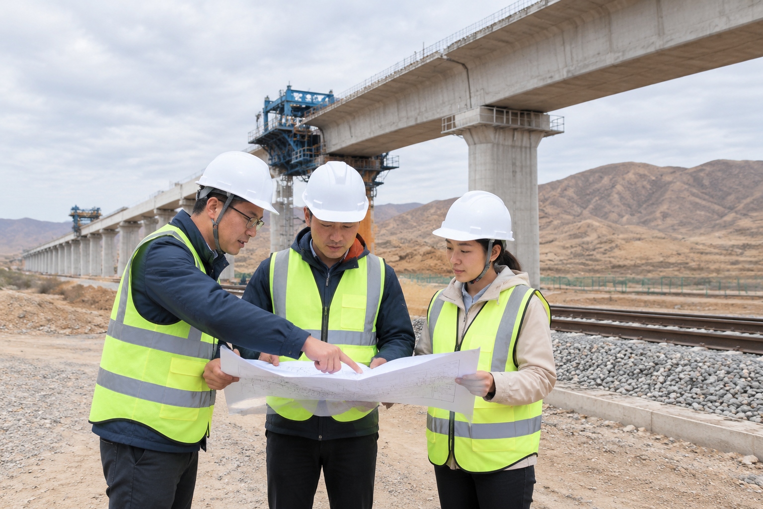 Engineers in hard hats and reflective vests reviewing drawings under a partially built railway viaduct in an arid landscape