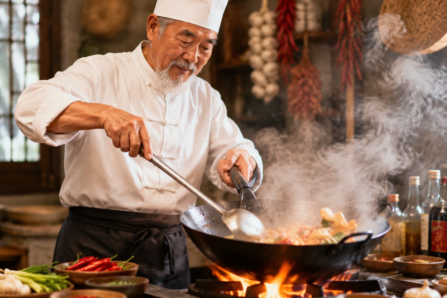 Close-up of an elderly Chinese chef cooking in a traditional open kitchen with steam rising from a wok