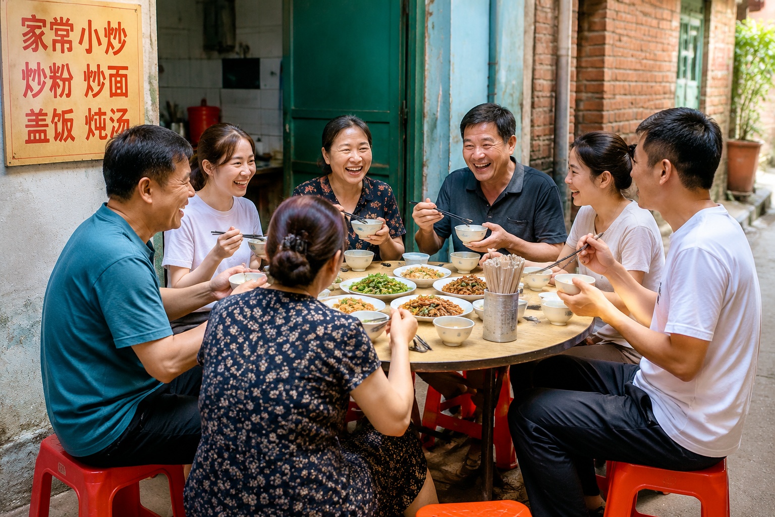 Locals enjoying a meal together at a street-side Chinese eatery