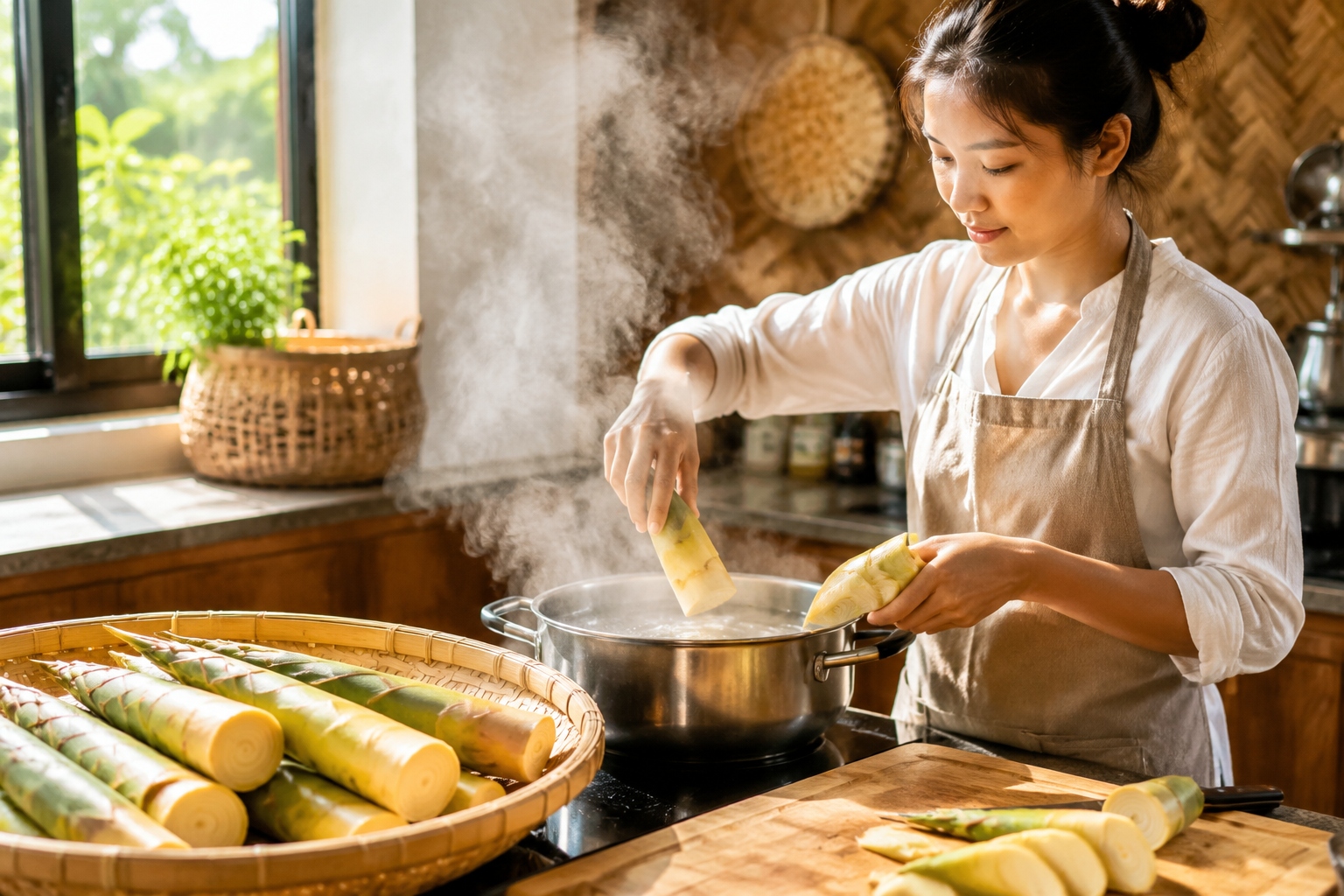 Fresh bamboo shoots steaming in a traditional Chinese kitchen during spring preparation