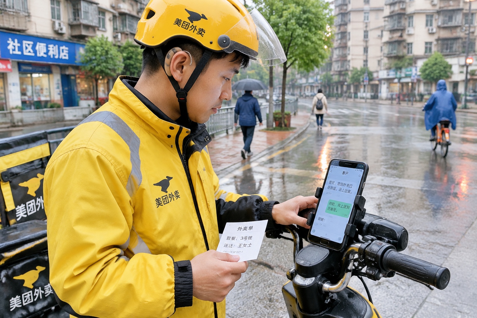 A delivery rider in a yellow jacket checks a text message on his handlebar-mounted phone while holding a paper delivery slip on a wet Chengdu street.