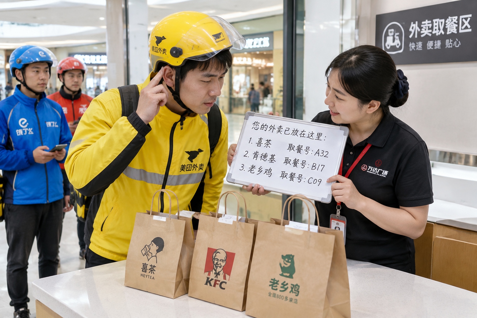A delivery rider reads a handwritten note on a small whiteboard held by mall staff at a takeaway pickup counter, with paper food bags on the counter between them.
