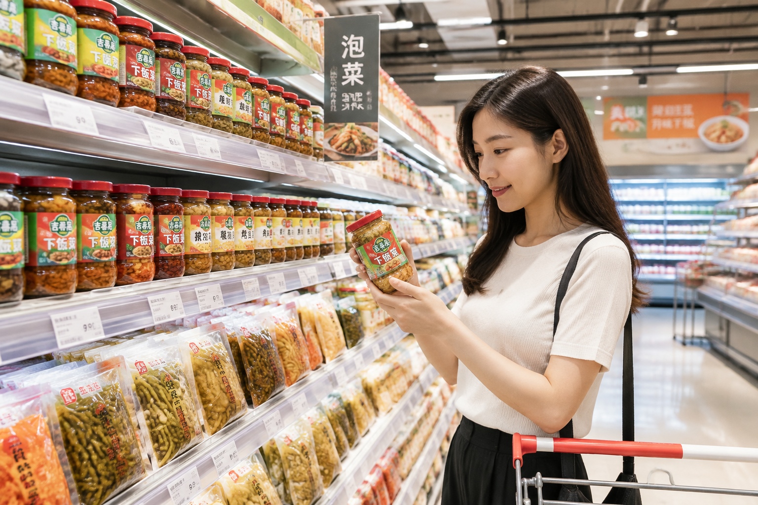 The Art of Fermentation: Exploring China's Diverse Sauces and Preserved Flavors 23 A modern Chinese supermarket shelf filled with diverse packaged fermented foods and pickles for sale
