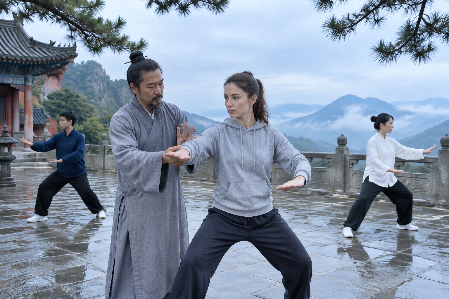 A Taoist priest in a grey robe corrects a student's arm position during early morning tai chi practice in a Wudang Mountain temple courtyard