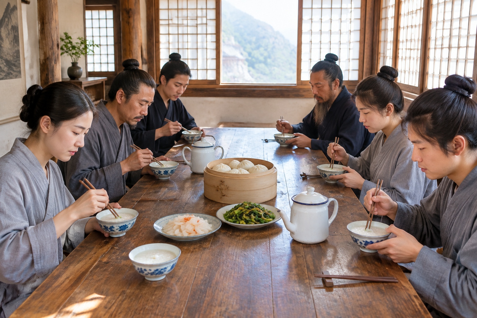 A long wooden table in a Wudang Mountain temple dining hall set with rice porridge, steamed buns and vegetarian dishes for a silent breakfast