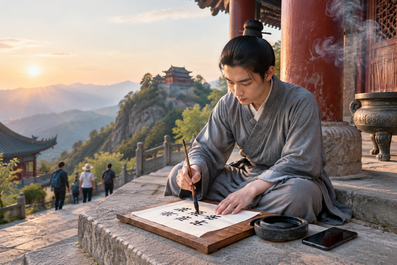 A young Taoist writes calligraphy on temple steps in late afternoon light with a smartphone resting beside his inkstone on Wudang Mountain