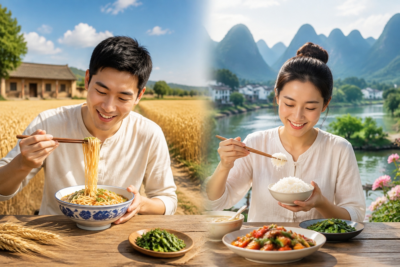 Comparison of northern wheat noodles and southern rice dishes highlighting China's geographic food diversity
