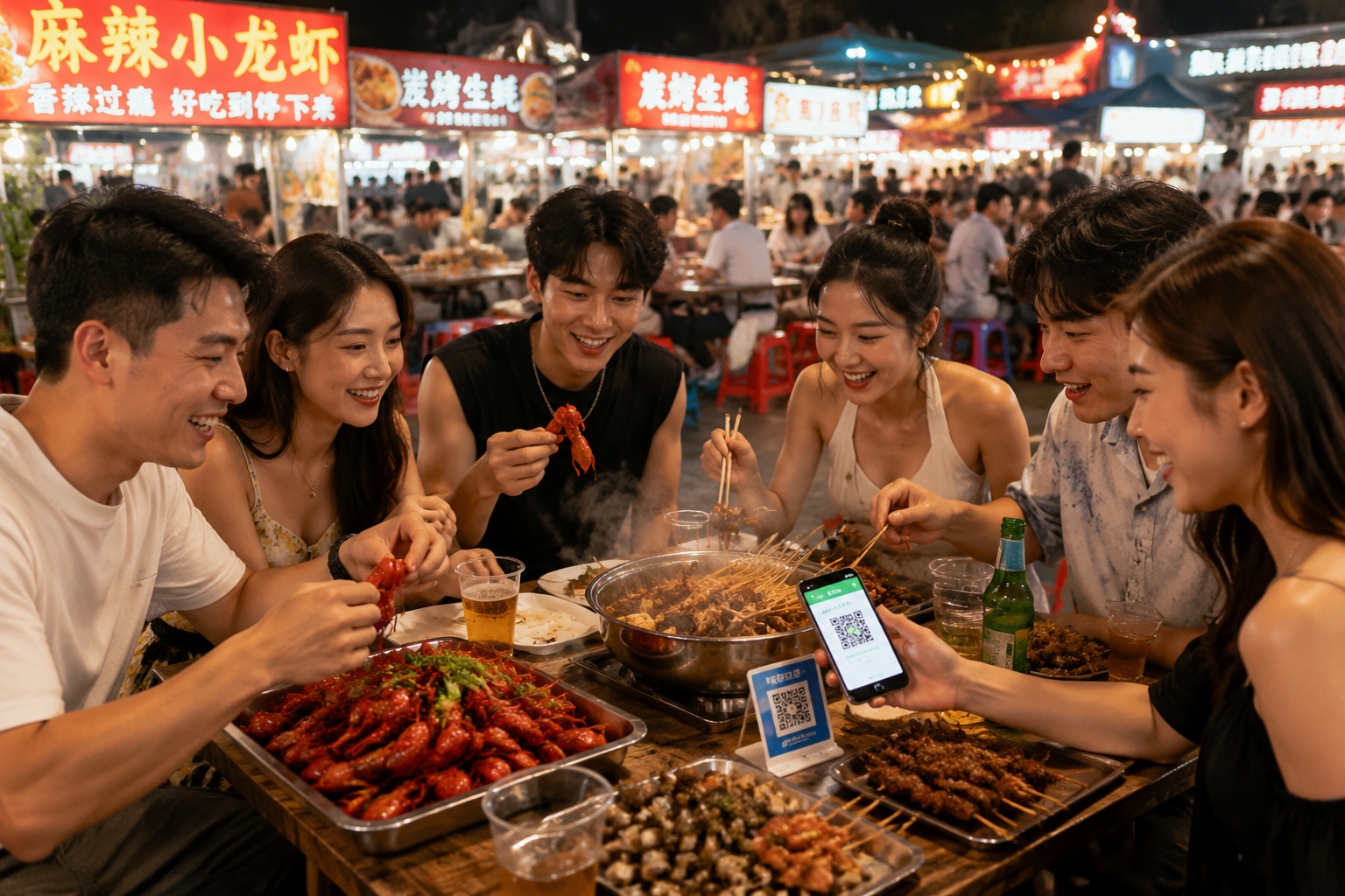 Diverse locals enjoying street food and using digital payments at a vibrant Chinese night market