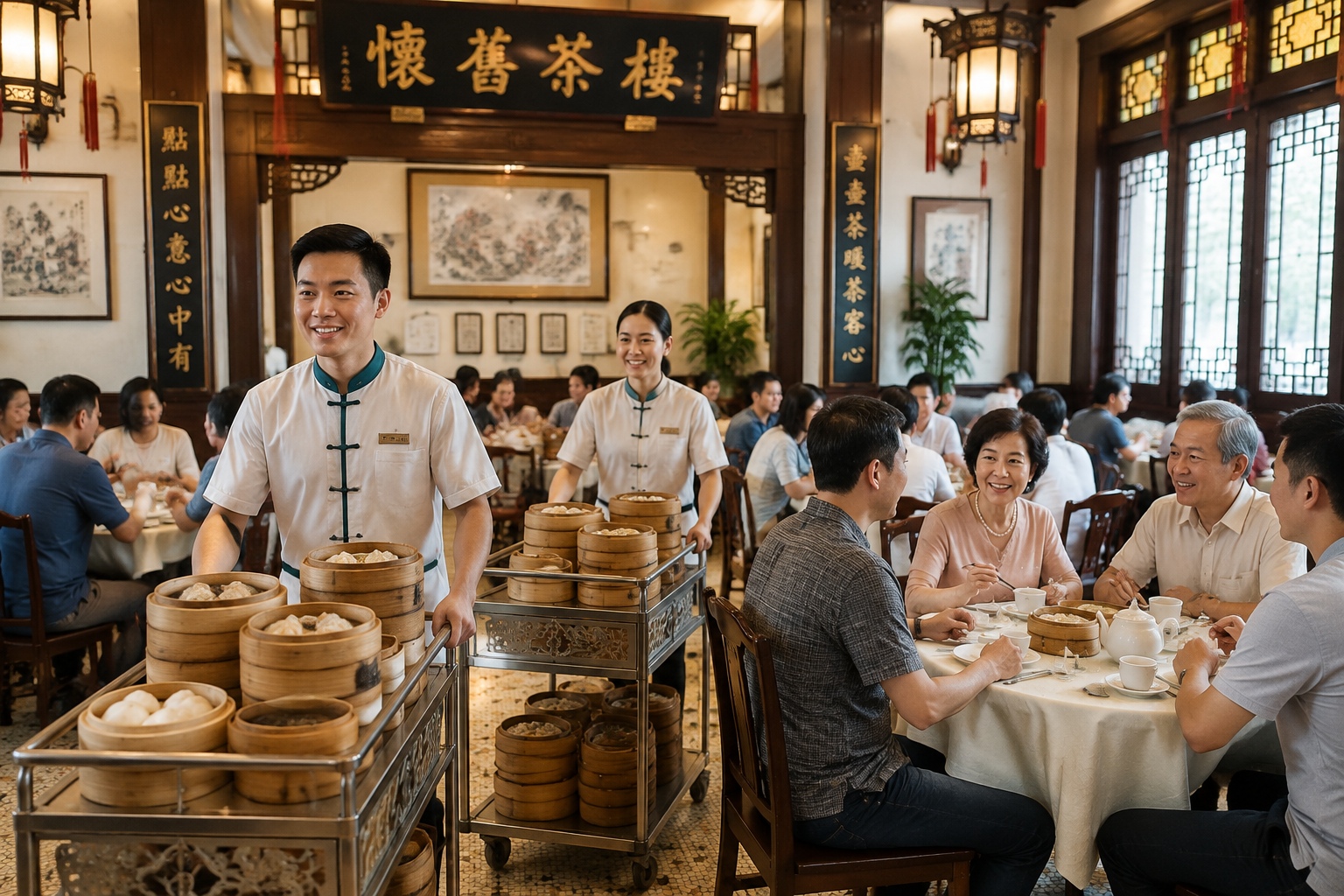 Traditional dim sum service in a busy Hong Kong or Guangzhou tea house
